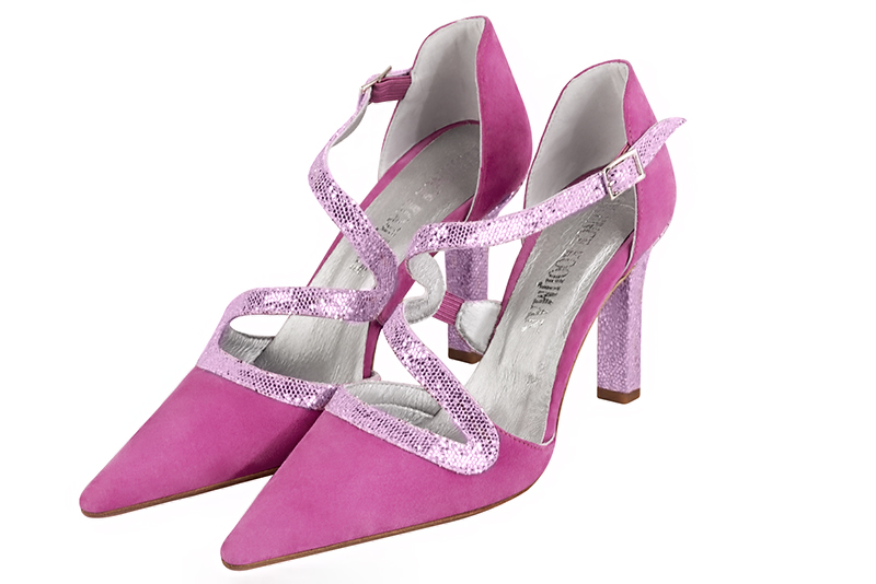 Shocking pink women's open side shoes, with snake-shaped straps. Pointed toe. High slim heel. Front view - Florence KOOIJMAN